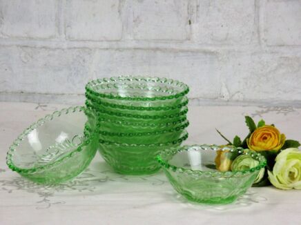 Vintage Lovely set of 8 bowls dishes candlewick hobnails rim green glass