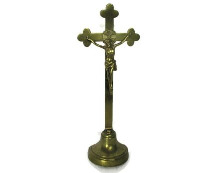 French Embossed Brass Standing Crucifix Ornate Lovely Jesus Christ Fleur de Lis Lys 13.77"