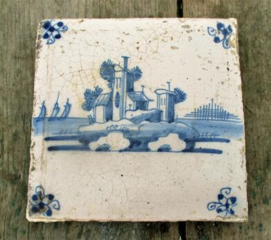 Antique 18th C. Delft Tile Dutch Blue White Landscape Church Houses Seaside