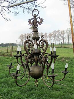Huge Antique Flemish Dutch Double 12 Arms Castle Chandelier Eagle Jesters