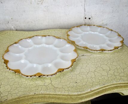 Two 2 Oyster Egg Plates  White Gold Rim Milk Glass Anchor Hocking
