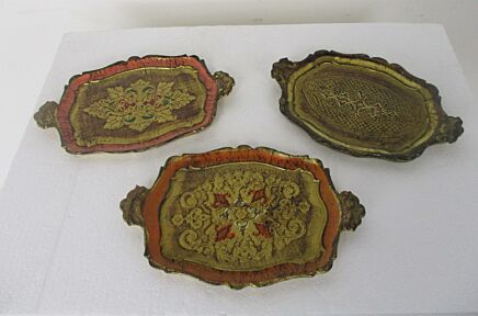 set of 3 small Mid Century Italy Hollywood Regency Florentine Serving Tray Gold Wood Decoration Ornate