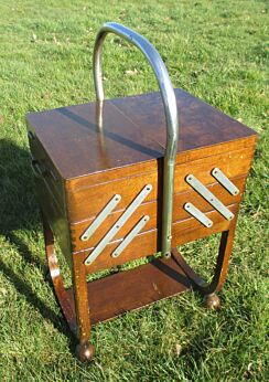 Large Art Deco Torck Wooden Sewing Box Basket Stand Signed Torck Accordion