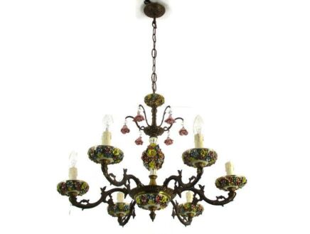 Italian Regency Chandelier 6 arm Lights Ornate Faux Brass Porcelain Flowers
