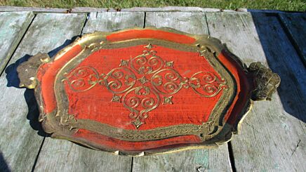 Italian Mid Century Hollywood Regency Florentine Serving Tray Large Orange