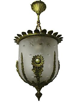 Chandelier Pendant Etched Glass Brass Ornate Trims Pearl Hollywood regency
