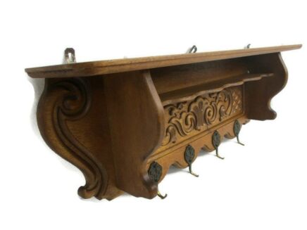 Hand Carved Wood Coat Hat Rack Breughel Style Ornate Carved Wood 50s Mid Century French Oak