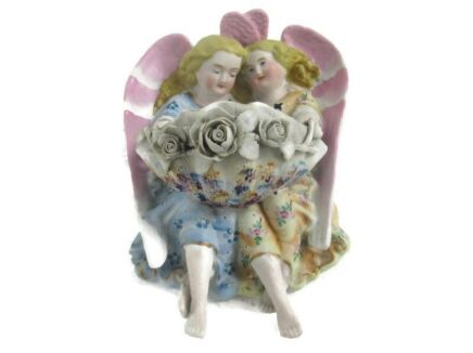 French Holy Water Font Vessel Angels  Porcelain Bisque Porcelain Flowers Gorgeous antique