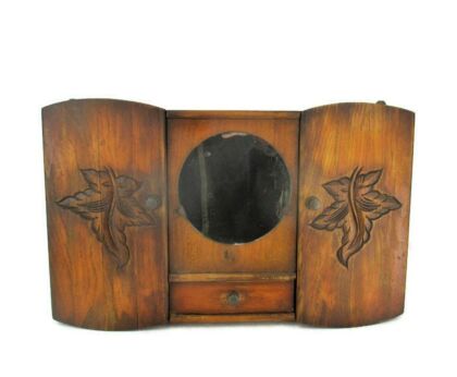 Art Deco hand Carved Wood Medicine Apothecary Display Cabinet carved wood pattern Beveled Glass Mirror Very Rare