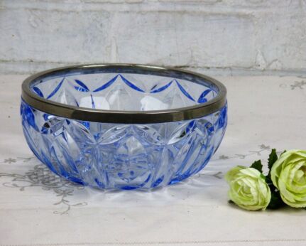 Beautiful Heavenly Blue Etched Glass Bowl Dish Centerpiece silver colored Rim