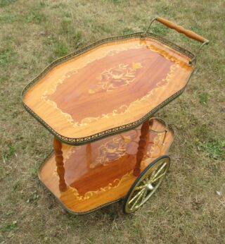 Bar Cocktail Cart Italian Hollywood Regency Gold Chrome Wood Inlay Marquetry