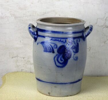 Large Antique French Stoneware Earthenware Crock Jar Lard Cobalt gray Decorative