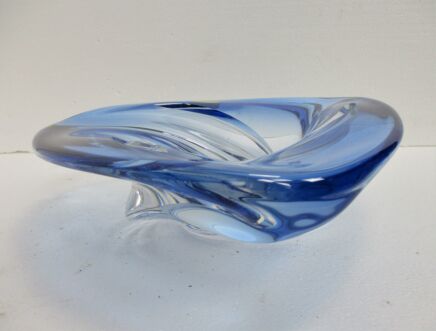 Val St Lambert Blue Bowl Dish Centerpiece Basket Swirled art Glass Marked