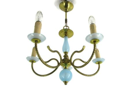 Opaline Baby Blue Brass Chandelier Hollywood regency Romantic 4 Arm Lights
