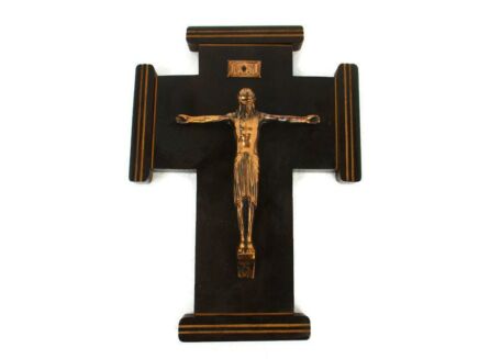 Art Deco hanging Wall Crucifix Wood Red Copper Modernist Corpus Jesus Christ