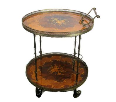 Vintage HTF Round Bar Cocktail Tea Cart Trolley Marquetry Atlas Like figurines