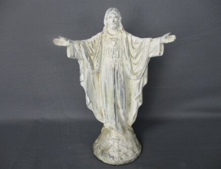 Art Deco Jesus Christ Open Arms Spelter Statue Holy Heart Painted White