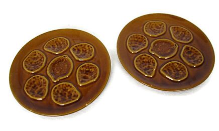 Set of 2 French Oyster Plates Porcelain Faience  Seafood Amber Colored