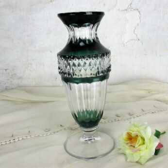 Green Cut to clear Crystal Vase Val St Lambert Medici Footed Marked Belgium HTF