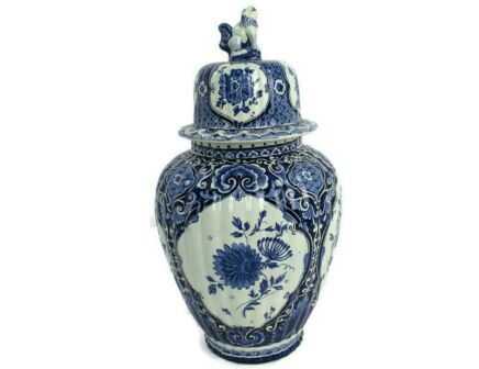 Large Royal Sphinx Maastricht Delft Vase Urn Marked Blue White Foo Dog 18.7"
