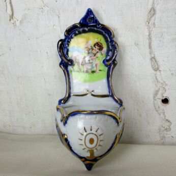 Holy Water Font Porcelain Bisque Wall Hanging Vessel Angel Holy Lamb Christ