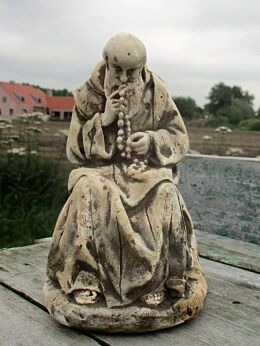 Lovely Statuette Figurine Chalk Plaster Monk Sitting with Rosary Praying
