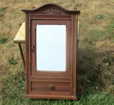 Antique Carved Wood medicine bathroom Cabinet Beveled Glass mirror Apothecary