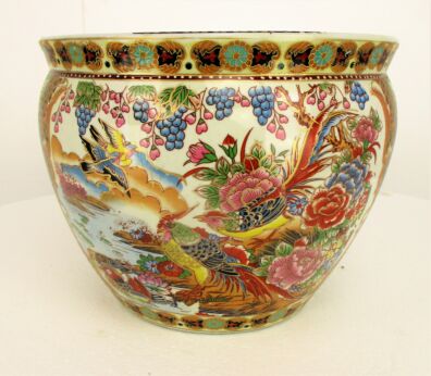 Large Chinese Porcelain Fish Koi Bowl Cachepot Planter Birds of Paradise Lovely