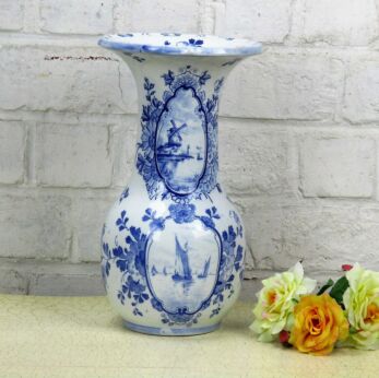 Hand Painted Delfts Delft Blue Holland Vase 2 Windmill Sailing boat Marked 11.4"