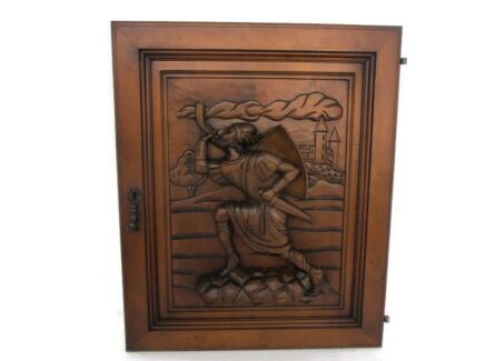 Antique hand Carved Wood Door Panel Reclaimed Architectural Horn Blower Middle ages Scene Gorgeous