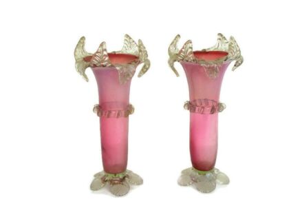 Couple Pair Art Glass Vases Italy Pink Flowers era Murano venini Vintage Lovely