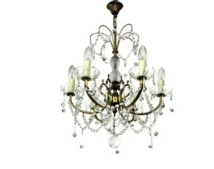 Chandelier Ornate Brass Swarovski Style Crystal Prisms Hollywood Regency 6 light