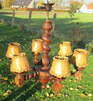 Antique Barley Twist Wooden Chandelier carved Wood 6 arm lamp