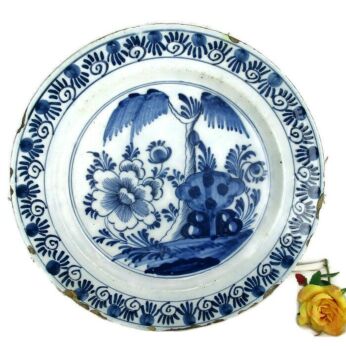 Large 19th Century Hand Painted Delfts Delft Blue Charger Plate Flowers Tree