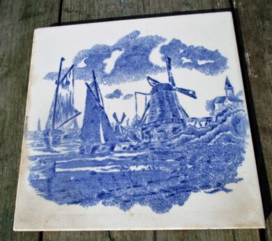 Vintage Blue White Ceramic Tile Windmill Boats Landscape Belgium Pointillism