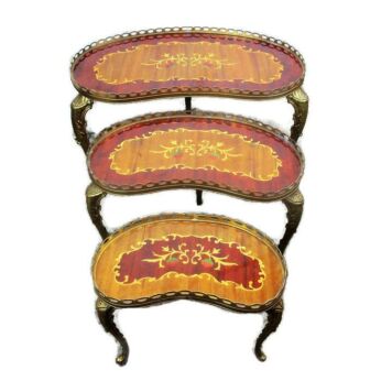 set of 3 Vintage Nesting Coffee Side Tables Brass Marquetry Kidney Shape HTF