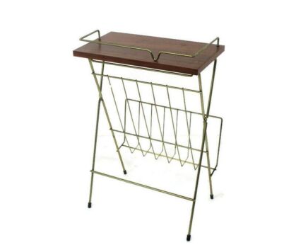 Vintage Mid Century Modern Magazine Newspaper Basket Rack Side Table Teak Pliable Danish Modern style