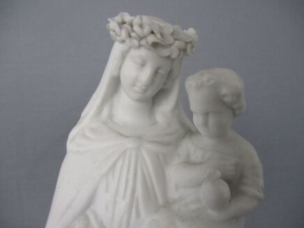 Antique Bisque Porcelain Statue Virgin Our Lady Mary Madonna with Infant Jesus Gorgeous Marked Flower Wreath Garland 9.84"