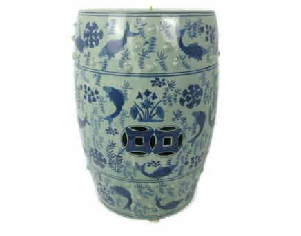 Vintage Chinese Porcelain  Garden Stool Side Table Pedestal White Blue Chinoiserie Hand Painted Celadon