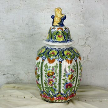 Vintage Polychrome OUD Delft Vase Urn Marked Lidded Vase Foo Dog 19.68"