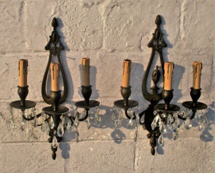 Wall Sconces by E.F. Caldwell Gorgeous Large Pair Three-arm Bronze Prisms