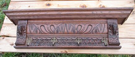 Antique Small French Carved Wood Massive Oak Coat Hat Rack Lion Heads Brass