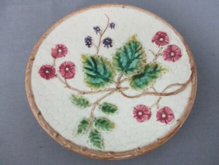 French Plate Majolica Barbotine Faience Flowers Leafs Marked Decorative