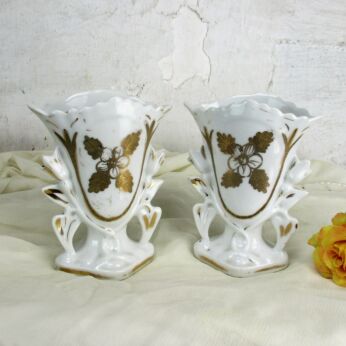 Couple Pair Antique Vieux Paris Porcelain Fan Flair Bridal Vases 6.10"