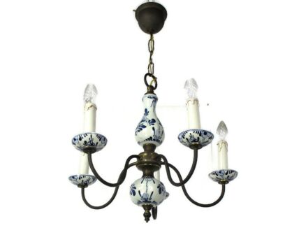 Delft Blue White Porcelain Ornate Brass Chandelier 5 Arm 5 Lights Barn Country