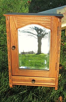 Antique French Wood Medicine Wall Cabinet Beveled Glass mirror Carved Wood Apothecary