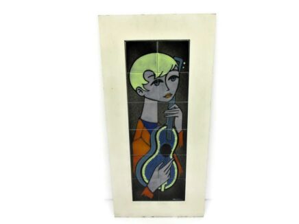 Large Vintage Ceramic Tiles Wall Hanging Tiles Musical Instrument Boy Retro 1970s Signed Capra