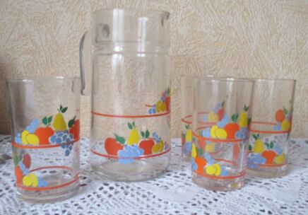 Vintage Retro Pitcher Juice Can Jug 4 Lemonade Glasses Fruit Orange Yellow Blue