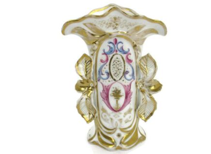 XL Antique French Vieux Paris Porcelain Fan Flair Bridal Vase Gold Gilded