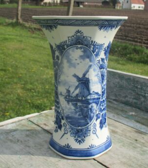 Vase Hand Painted Delft Blue White Holland Mill Water Landscape Flowers Zenith